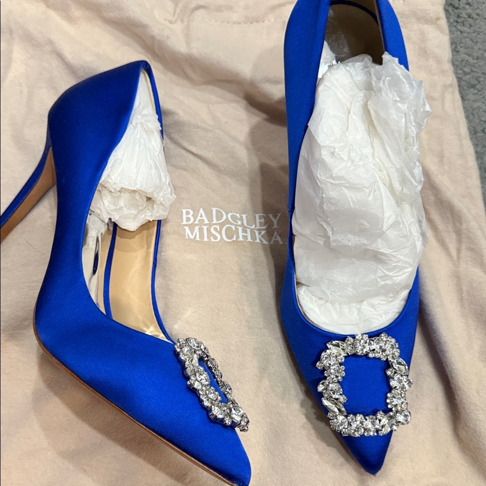 Badgley Mischka Royal Blue Satin Heels with Crystal Buckle